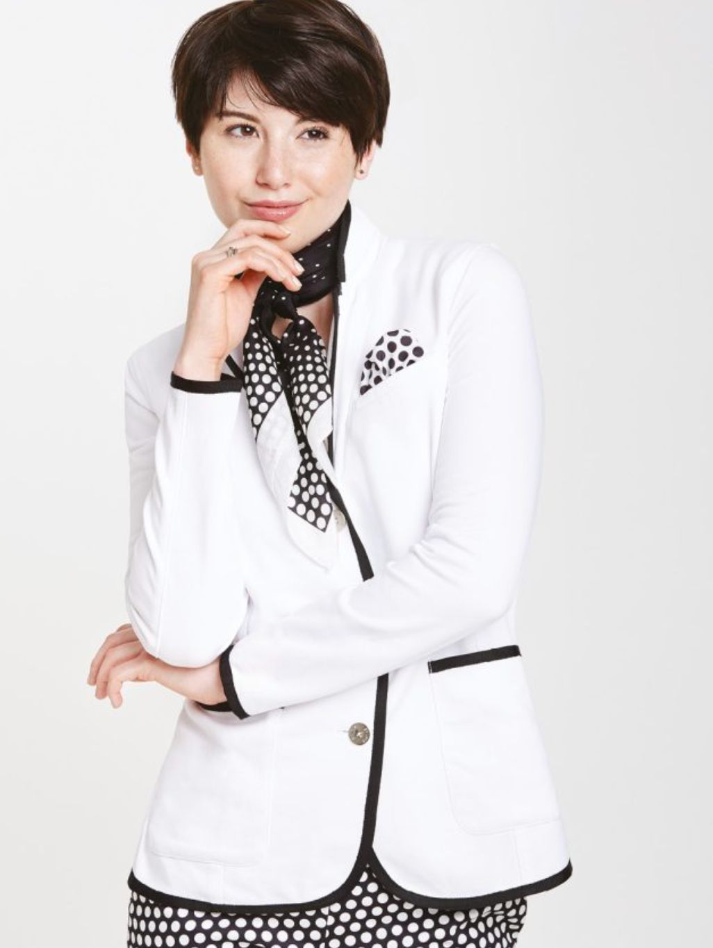 White contrast trim blazer with pocket hanky detail