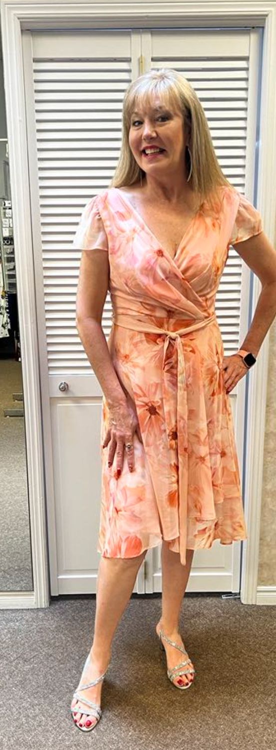 Apricot floral pattern faux wrap dress with sleeve