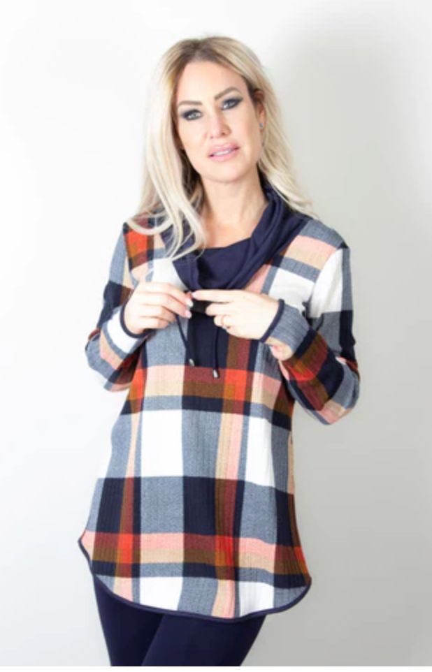 Teal/ pumpkin plaid cowl neck