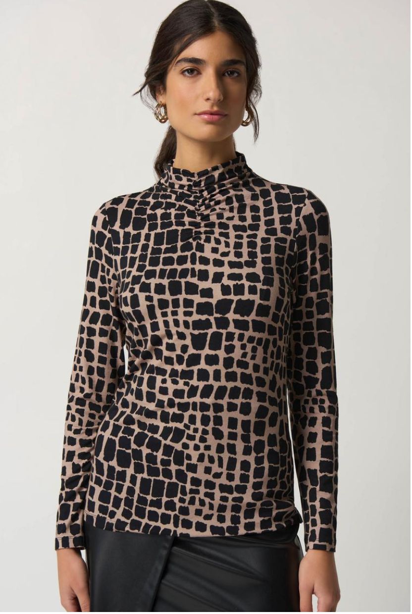 Latte/ black animal print mock neck top