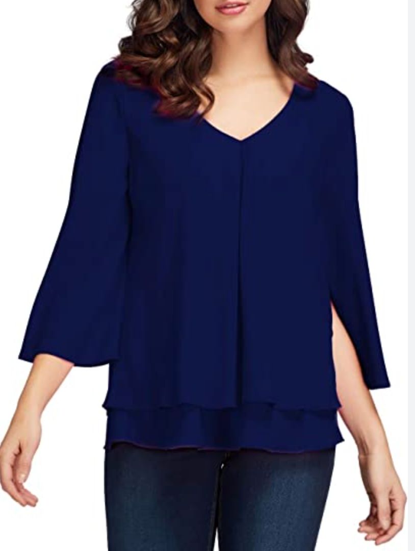 Midnight navy 3/4 sleeve double layer pleat top