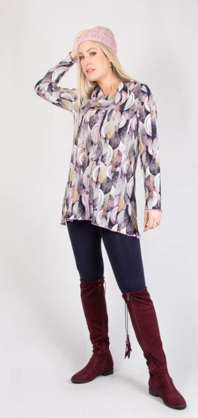 Pink/ Navy print cowl neck tunic top