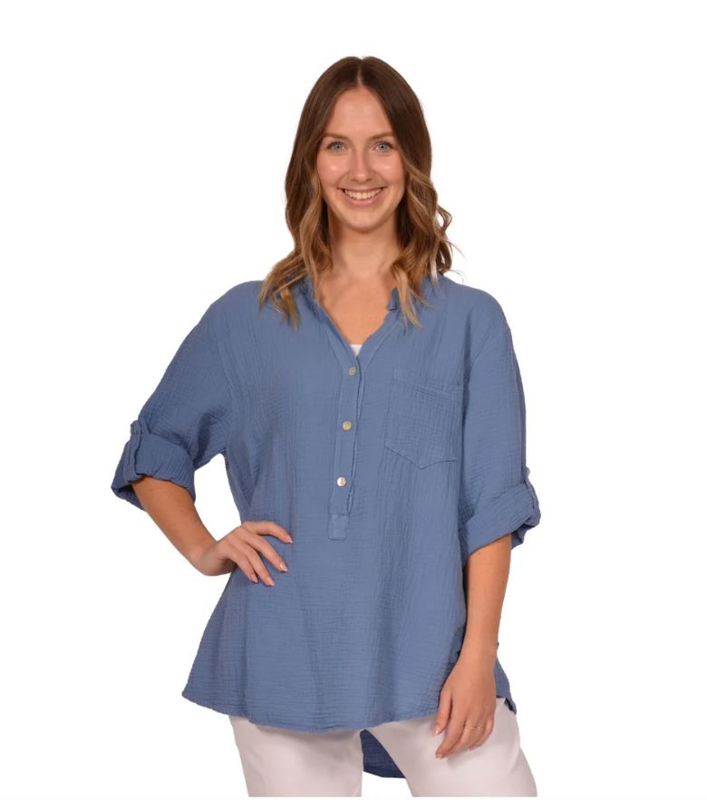 Blue jean cotton qauze henley shirt