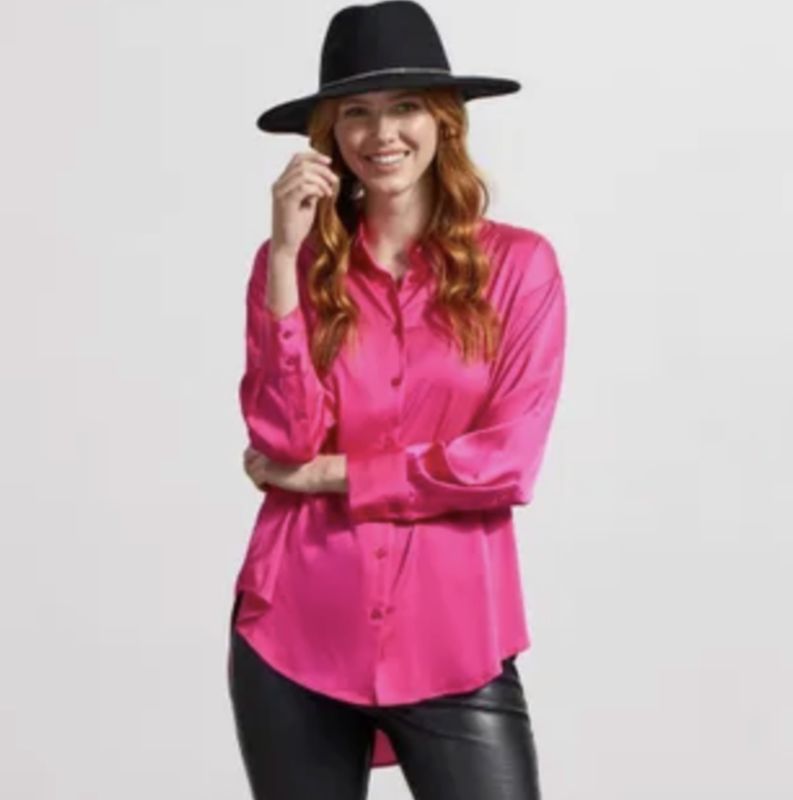 Fuchsia pink silk-like button blouse