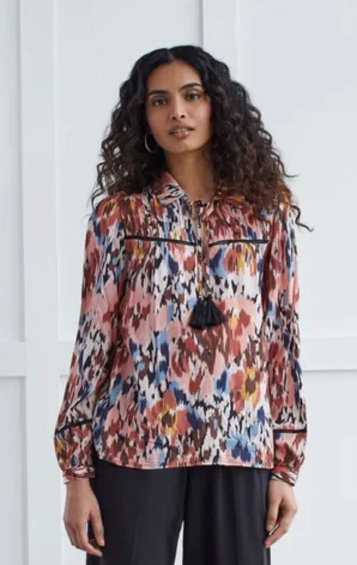 Chili red print collared blouse