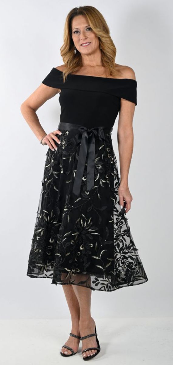 Black off the shoulder dress with chiffon floral embroidered detail