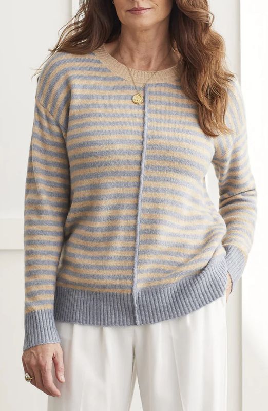 Blue stone/ beige stripe crew neck sweater