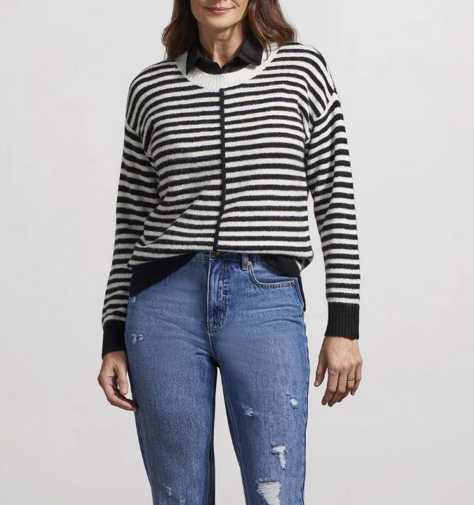 Black/ white stripe crew neck sweater