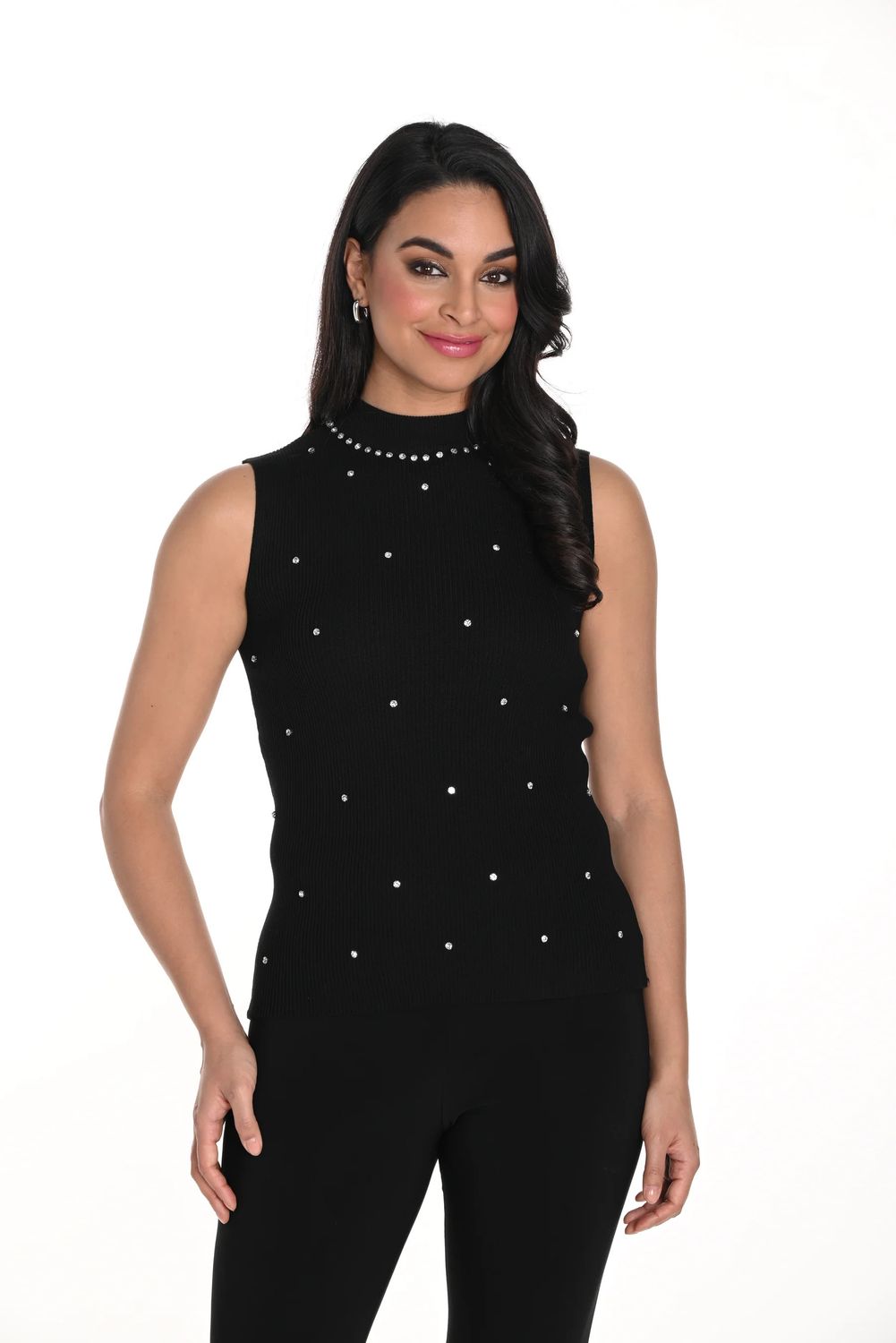 Mock neck sleeveless crystal stone detail tank