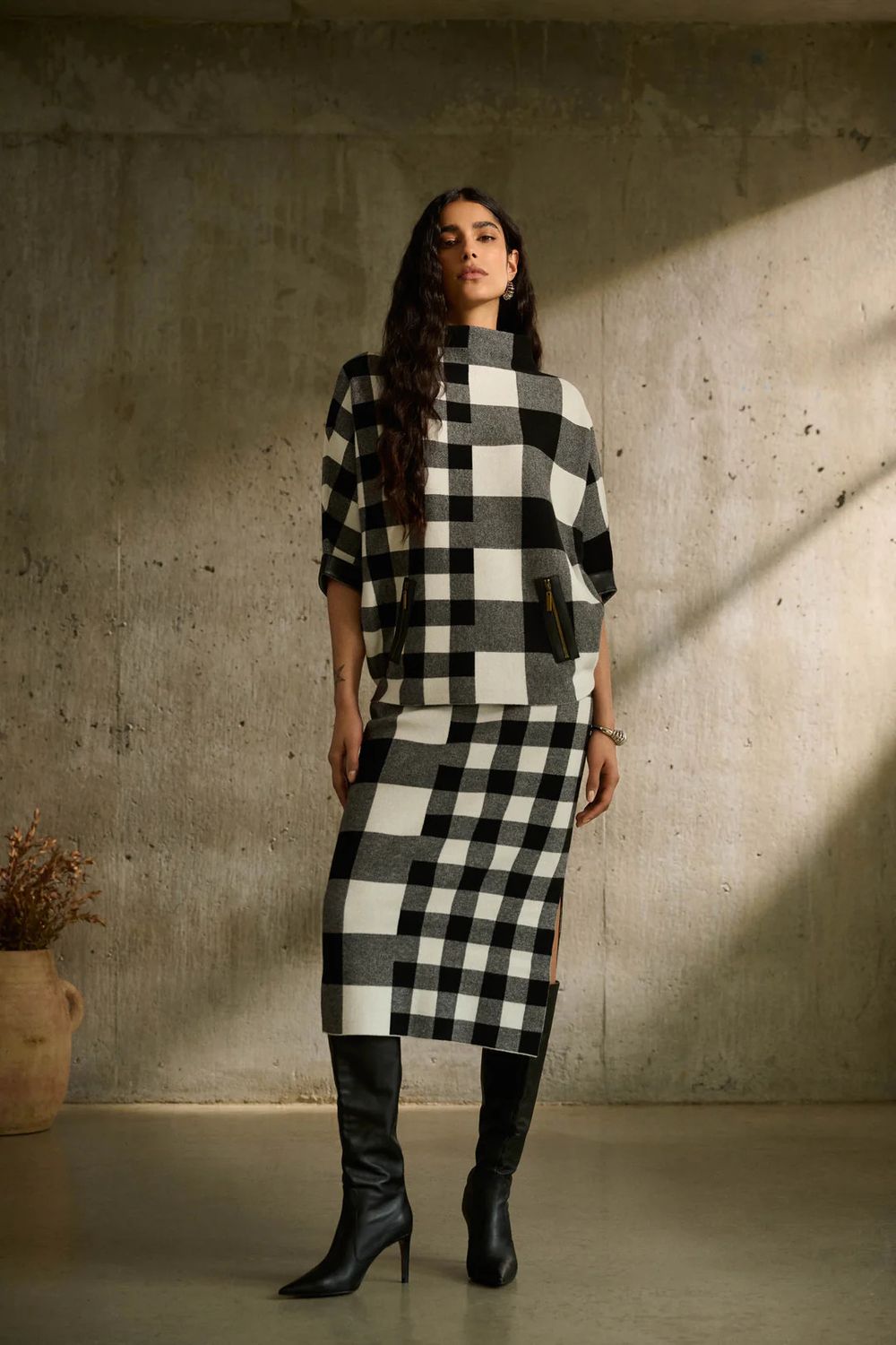 Checked funnel neck sweater