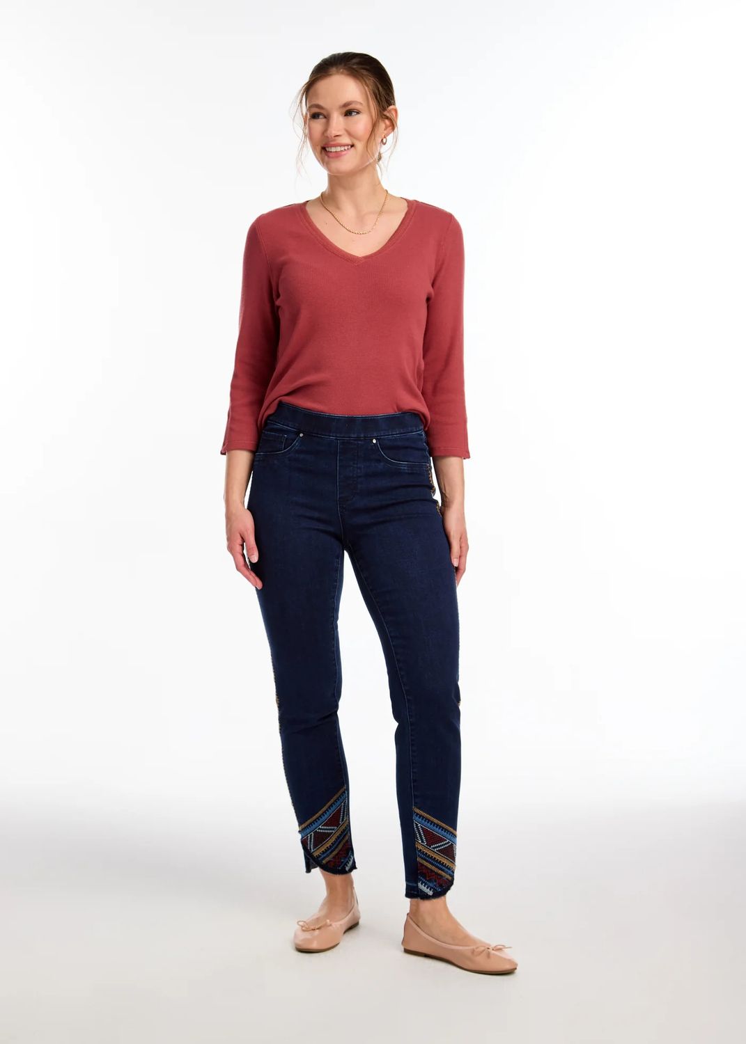Embroidered hem ankle pant