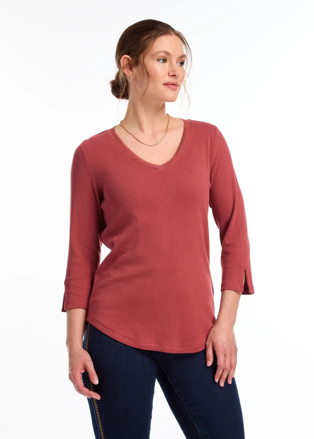 3/4  sleeve ribbed top, Color: Red Rust, Size: S