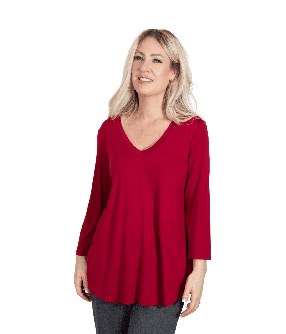 3/4  Sleeve v-neck top, Color: Poppy, Size: S