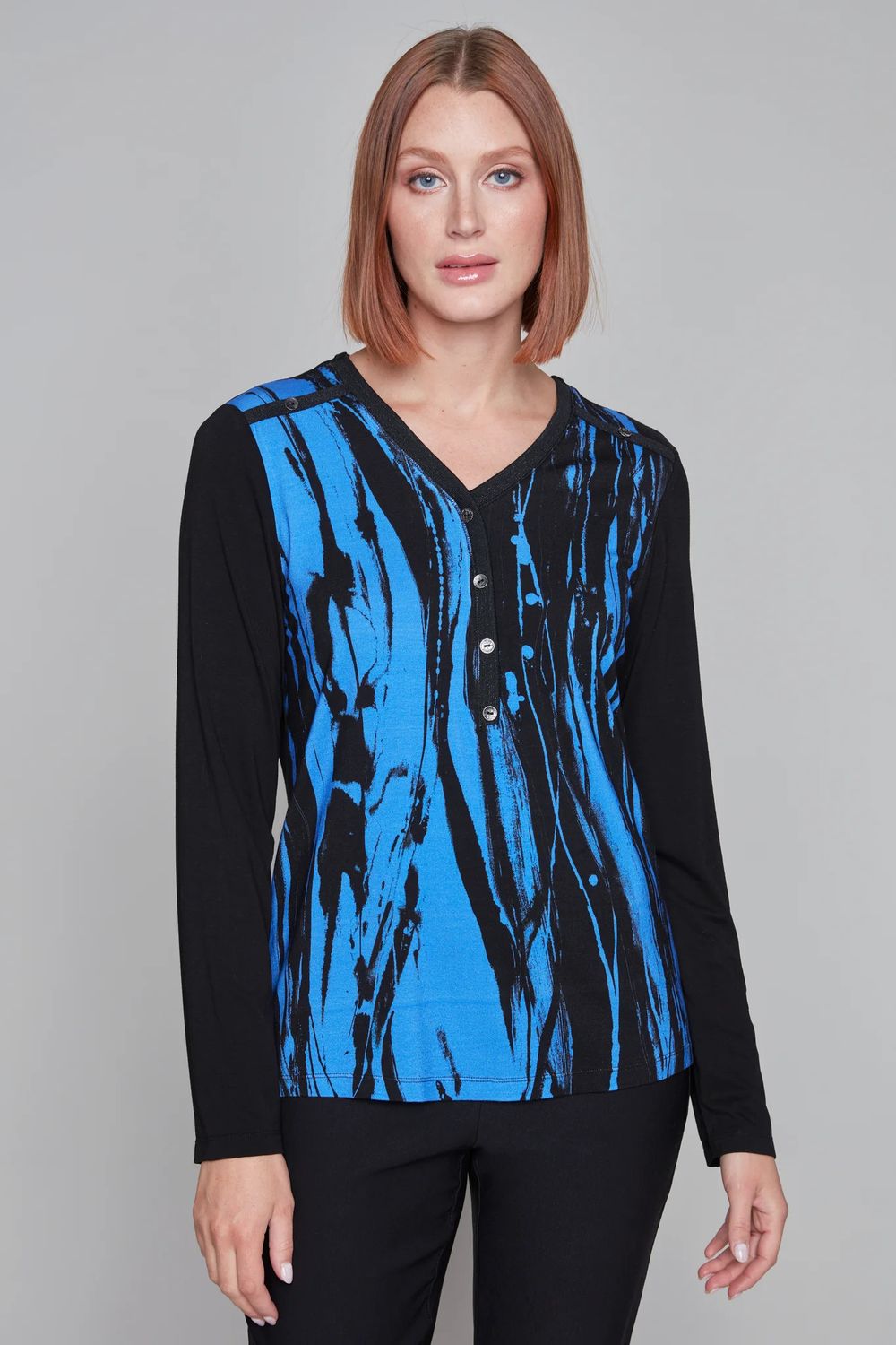 2 tone v-neck long sleeve, Color: Black/ Periwinkle, Size: S