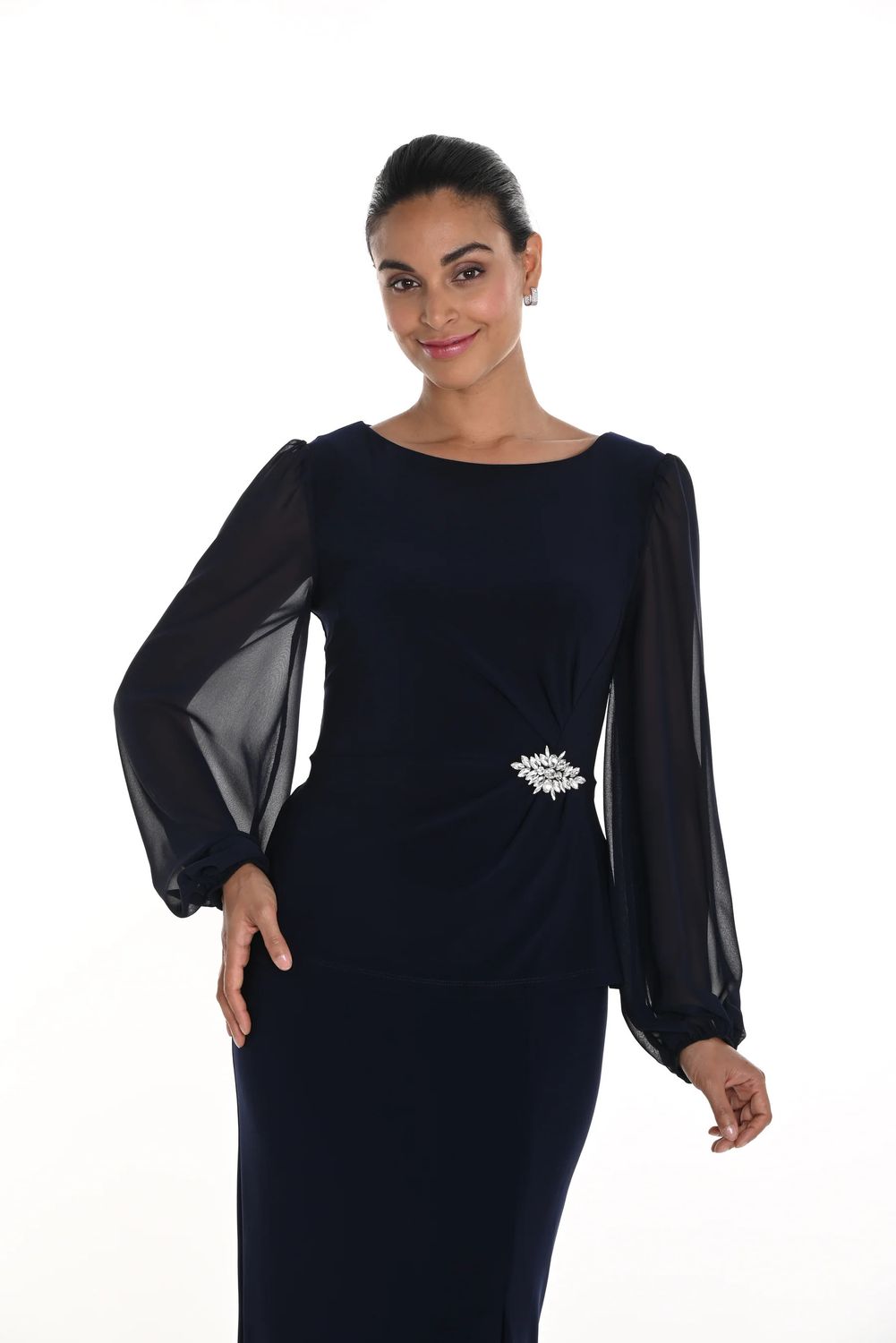 Chiffon bell sleeve top w/ gathered embellishment 