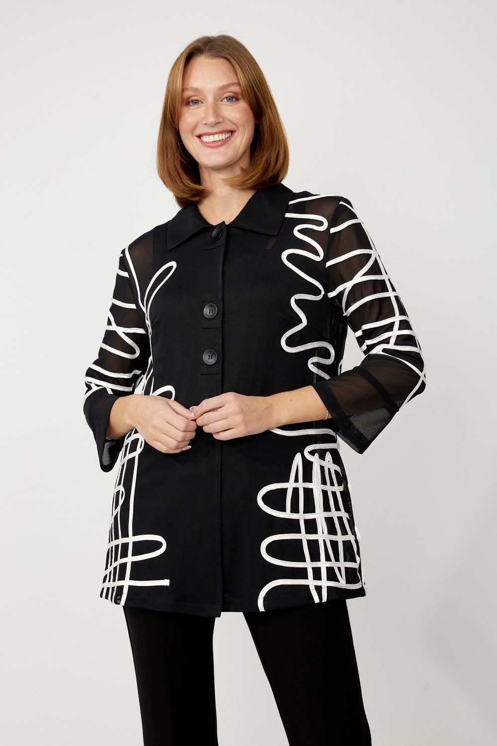 Abstract collared sheer jacket , Color: Black/ White, Size: S