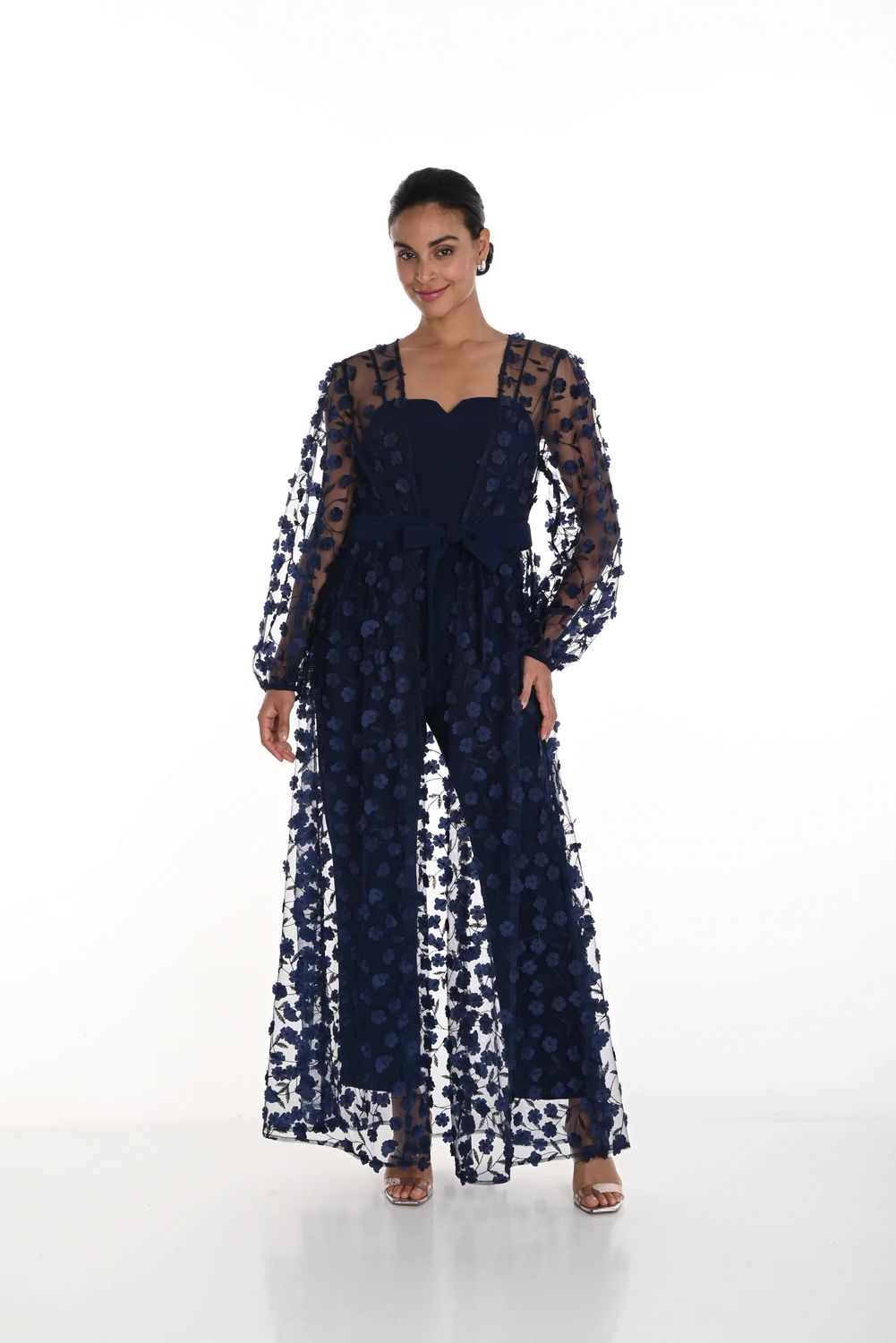 3D Floral Duster w/ Jumpsuit, Color: Navy, Size: S