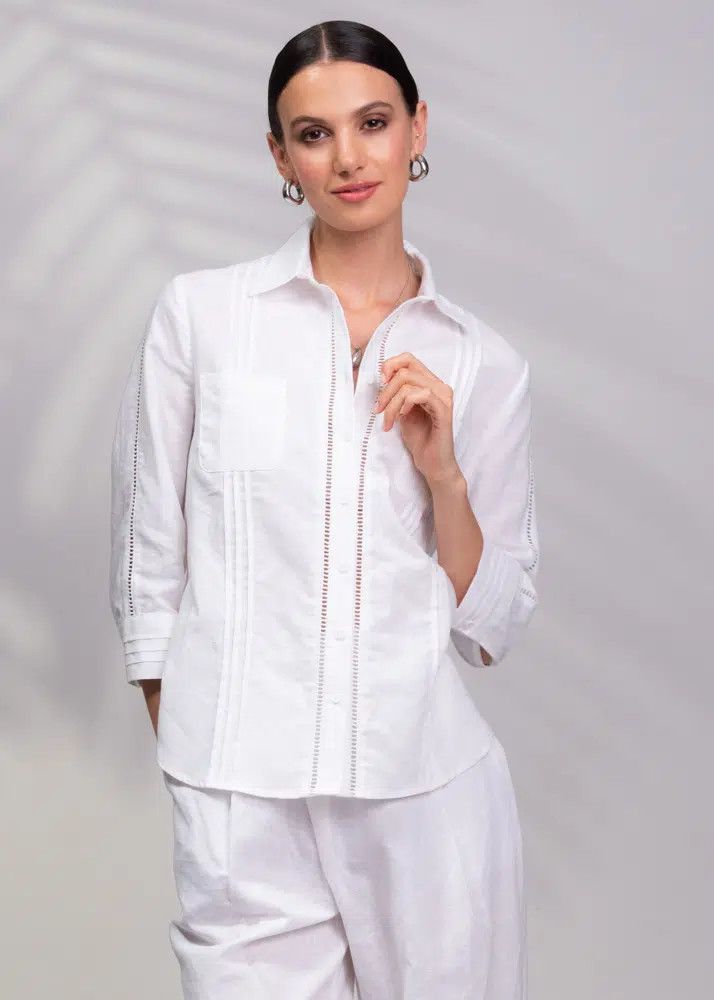 3/4 Linen Blouse , Color: White, Size: L