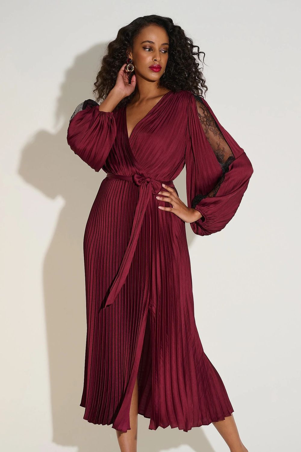 Pleated Satin Lace Sleeve Detail Dress