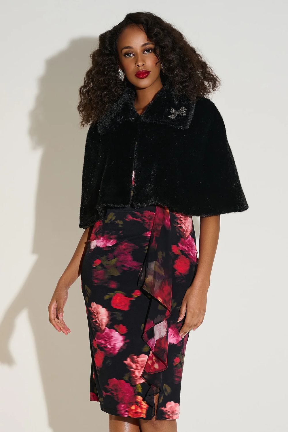 Faux Fur Cape w/ Crystal Brooch