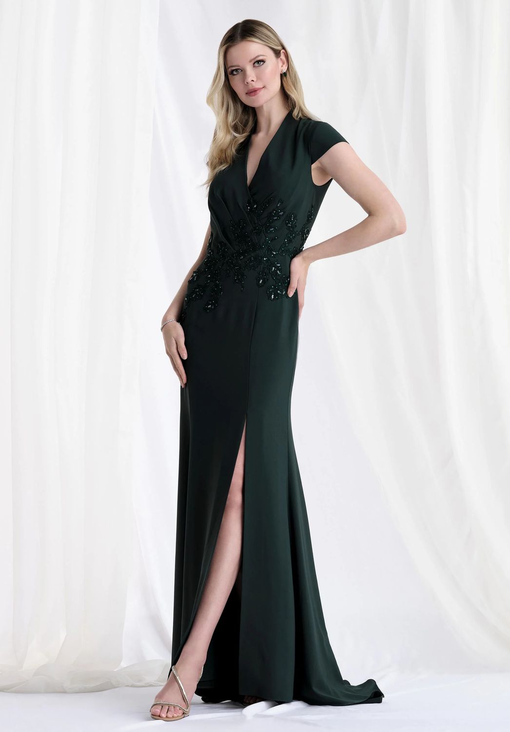Cap Sleeve Crepe Embellished Gown, Color: Dark Forest, Size: 8