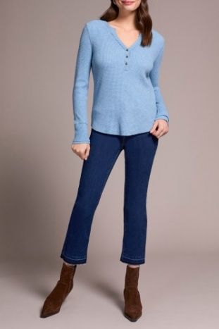 Waffle Henley Button  Top, Color: H.Denim, Size: XS