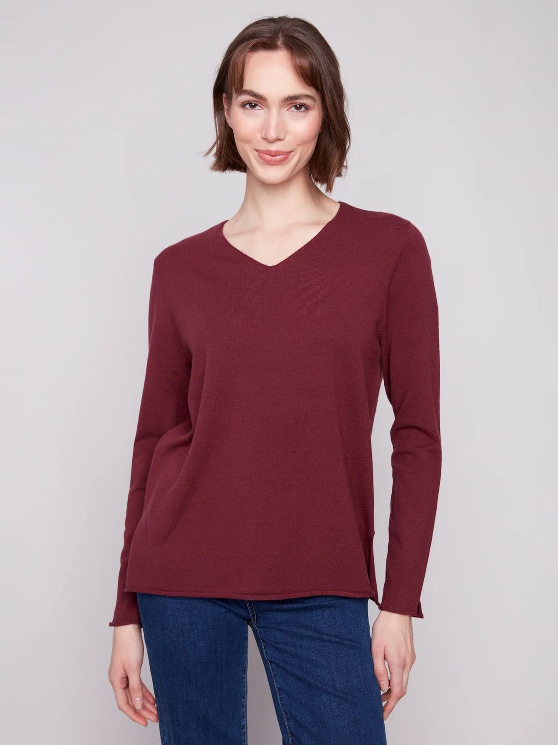 Basic Soft V-neck Sweater , Color: Cabernet, Size: XS
