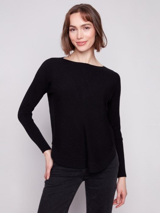 Knit Sweater W/ Back Lace-Up, Color: Black, Size: XS