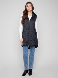 Pearlized Long Hooded Vest, Color: Black, Size: XS