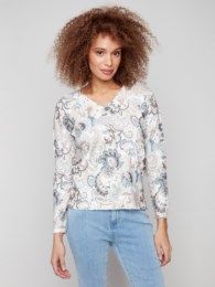 Printed Plush Knit V-Neck Sweater
