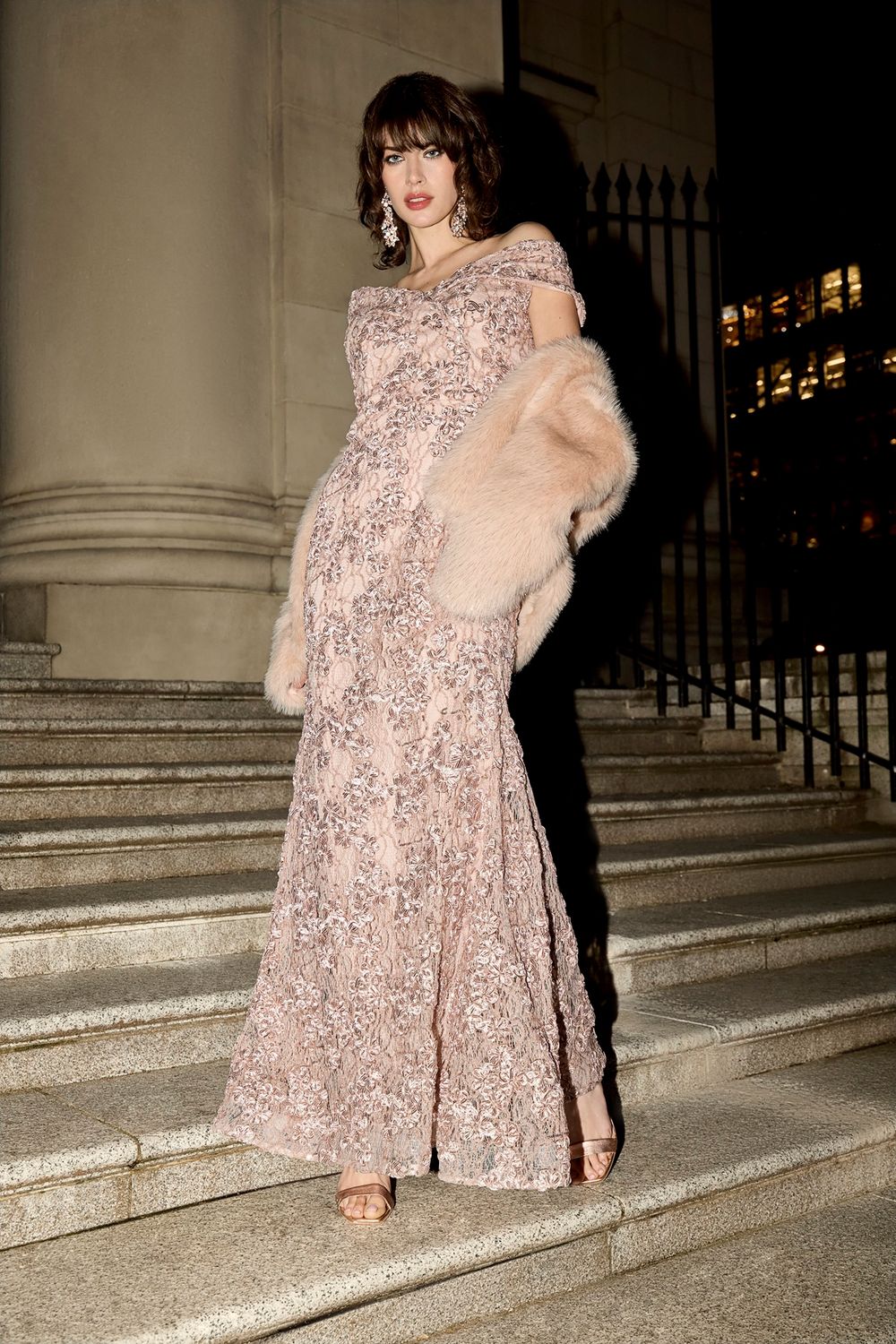 Off-Shoulder Gem Embroidered Gown, Color: Blush, Size: S