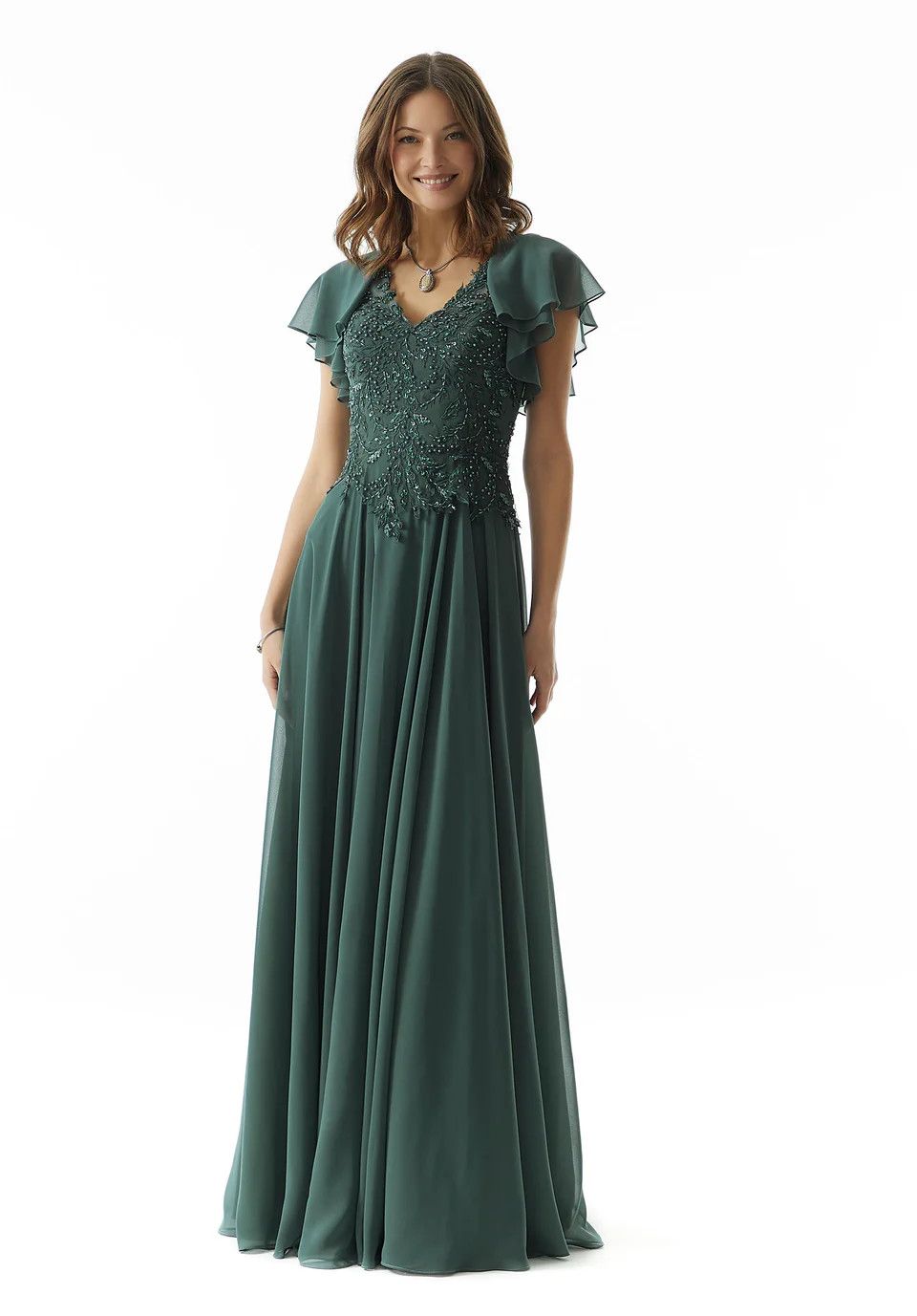 Beaded Embroidery Flutter Sleeve Dress, Color: Spruce, Size: 16