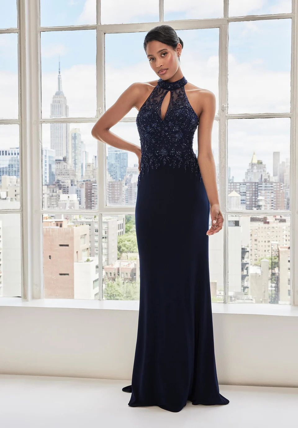 Keyhole Beaded Halter Dress, Color: Navy, Size: 6