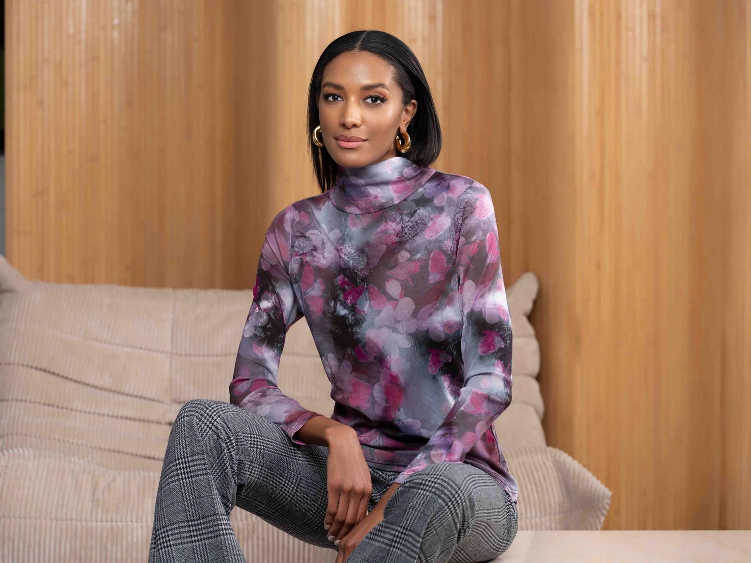 Floral Print Mesh Mock Neck, Color: Rose Mix, Size: S