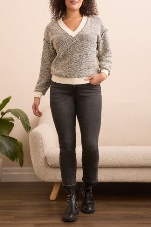 Ribbed V-Neck Sweater , Color: Cream Mix, Size: S