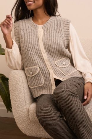Knit Vest W/ Button Pockets , Color: H.Sandstone, Size: S