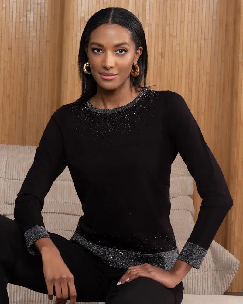 Embellished Sparkle Neck And Sleeve To, Color: Black, Size: S