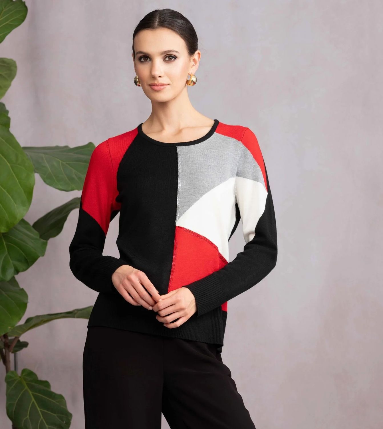 Colour Block Crew Neck Sweater , Color: Red/ Grey/ Black, Size: S