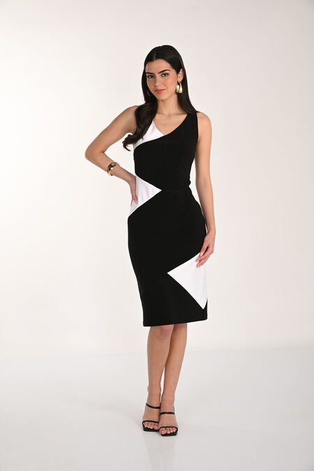 Elegant V-neck Body Con Dress, Color: Black/ Off-White, Size: 10