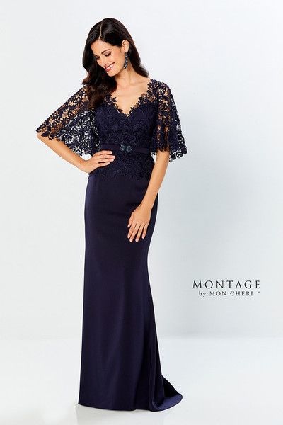  Flutter sleeve Venise lace stretch crepe gown , Color: Navy, Size: 20W