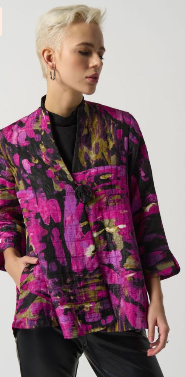 Floral abstract print trapeze jacket , Color: Black mix, Size: 10