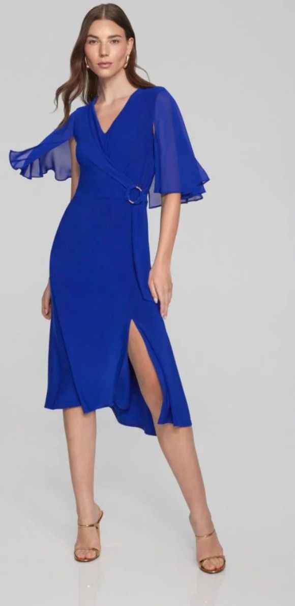 Chiffon cape sleeve dress, Color: Royal sapphire, Size: 12