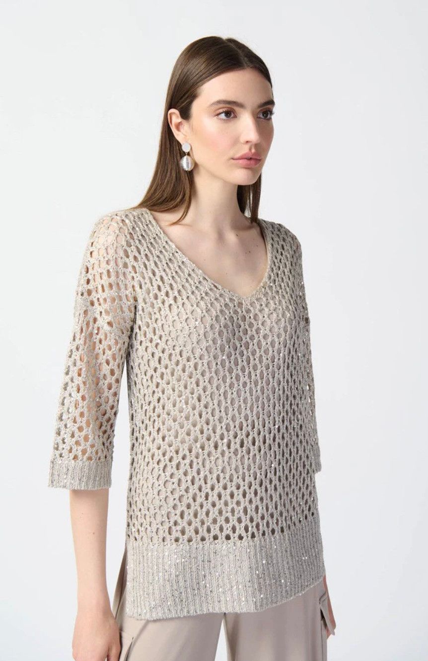 Sequin detail crochet top, Color: Champagne, Size: S