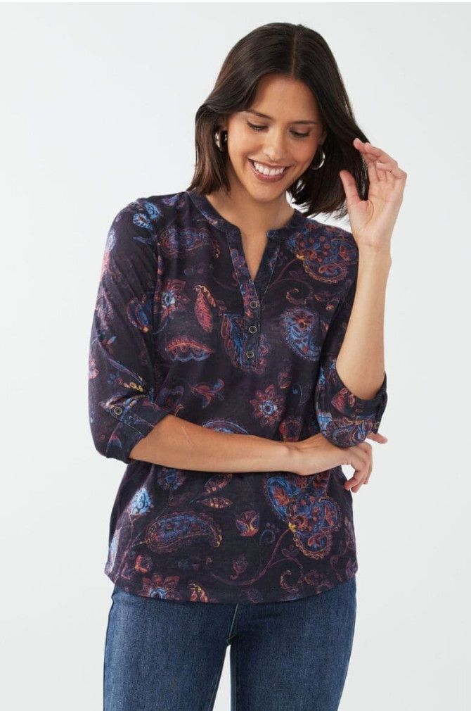 Tab- up 3/4 sleeve top, Color: Paisley painting, Size: M