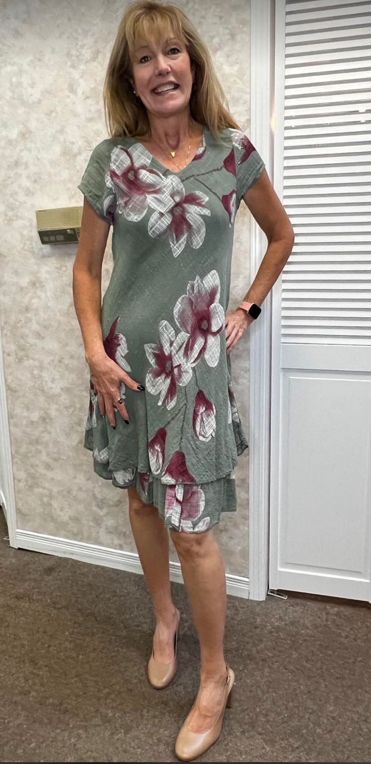 Linen floral dress, Color: Olive, Size: S/M