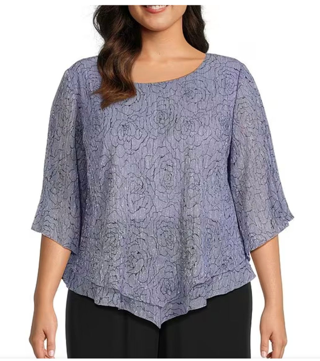 Floral print double hem blouse , Color: Lavender, Size: 1x