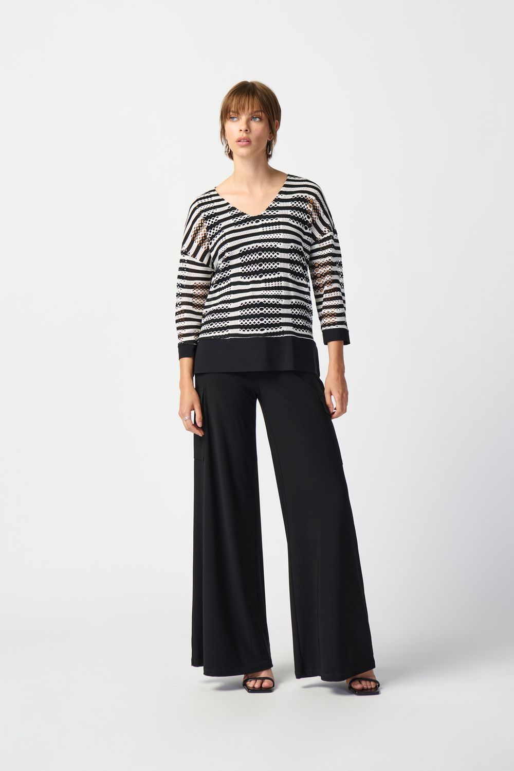 Striped crochet 3/4 sleeve blouse top, Color: Black/ Vanilla, Size: 12