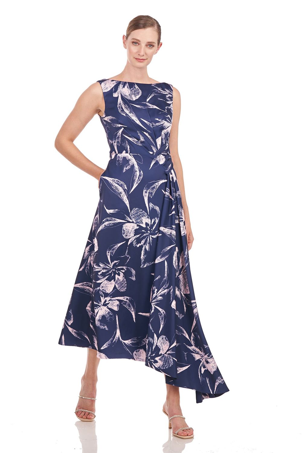 Floral charmeuse tea length dress, Color: Navy/ Rose, Size: 4