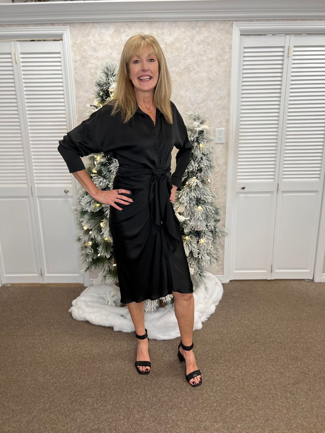 Satin shirt dress with pleating, Color: Black, Size: 8