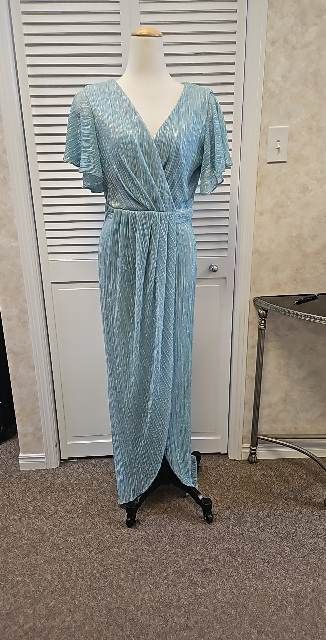 Flutter sleeve shimmer wrap dress, Color: Aqua, Size: 8